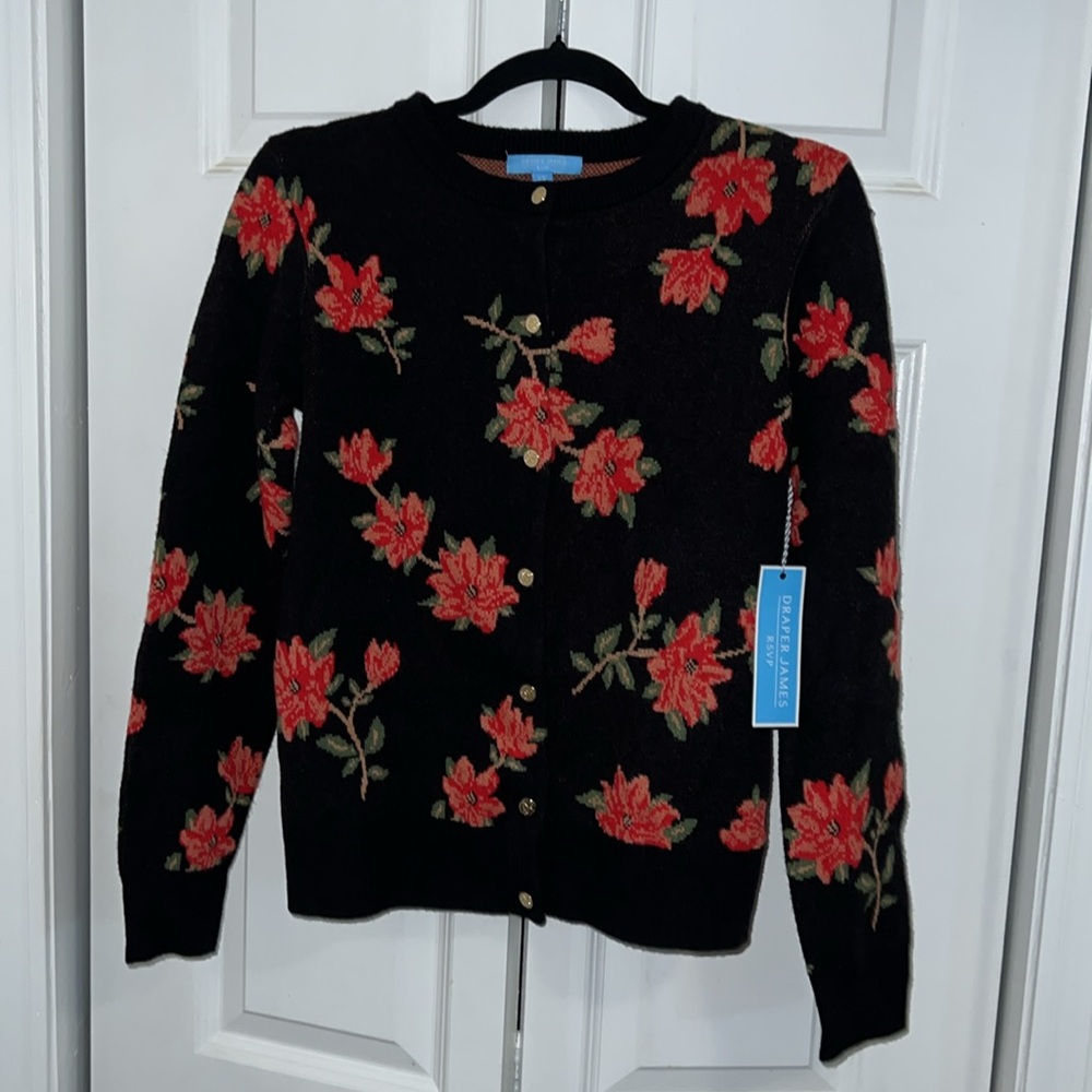 🎆NWT Draper James Womens Small Black Floral Rayon Blend Cardigan Sweater